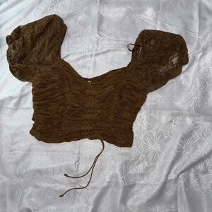 Meraki Estilo Floral Crop Top L Peasants Blouse Drawstring Coquette Boho